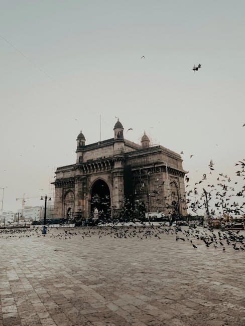 The Gateway of India surrounded by flying birds on a cloudy day in Mumbai.